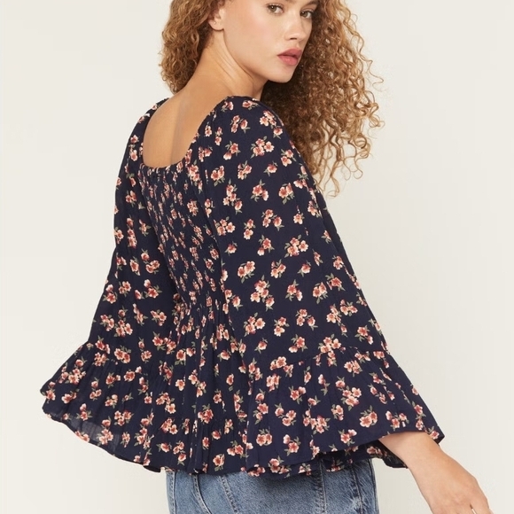 Boho Bell Sleeves Smocked Floral Print Top Ruffle Cottagecore Navy Blue XL - Picture 2 of 13